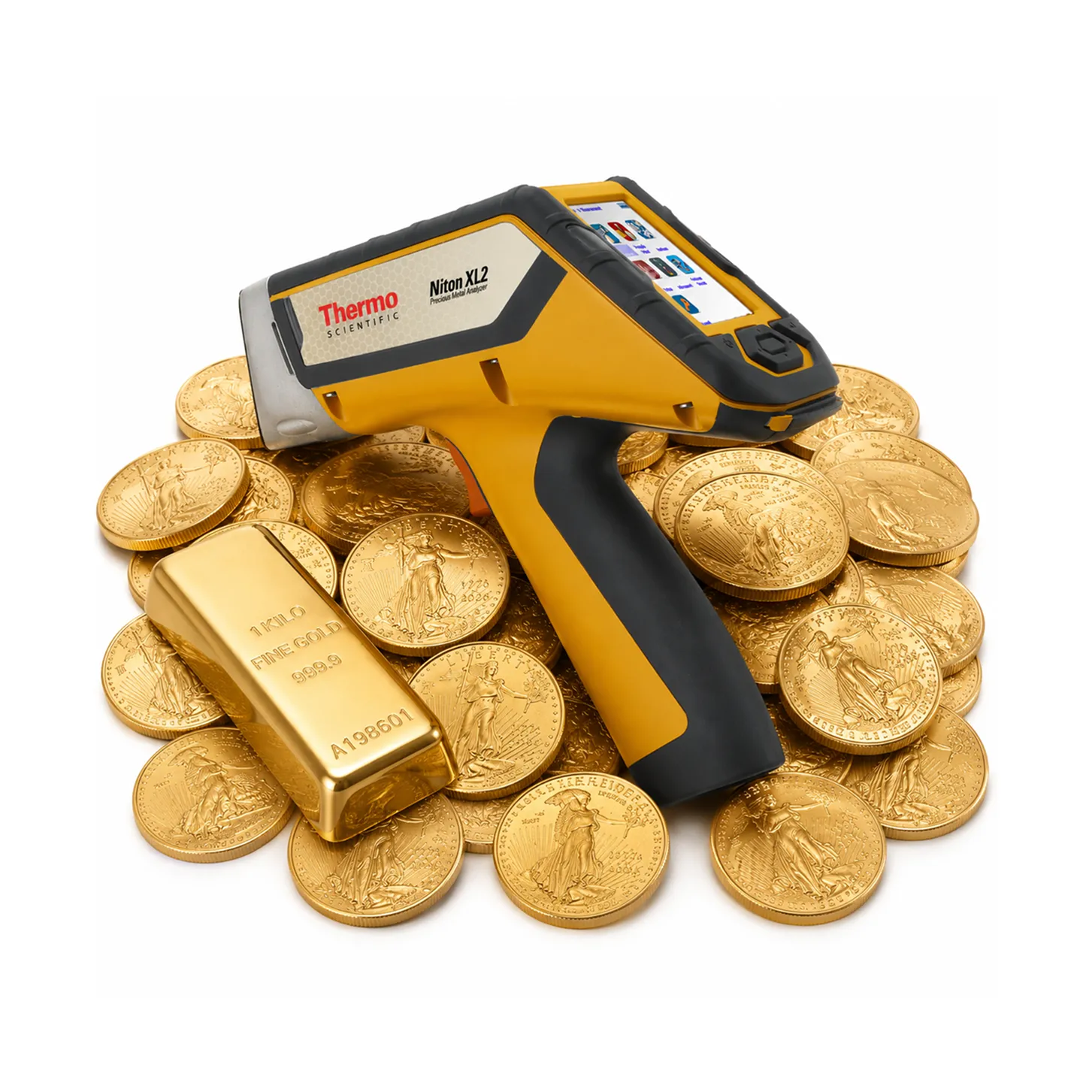 Handheld XRF spectrometer testing gold bars, nuggets and coins