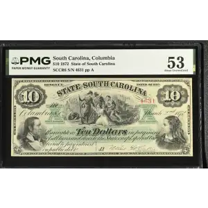 SCCR6 1872 State of South Carolina, Columbia $10 Obsolete Scrip Note (2)