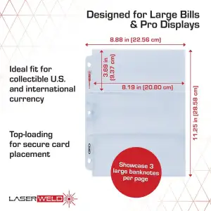 BCW 3 Pocket Large Currency Binder Pages - (Pack of 10)