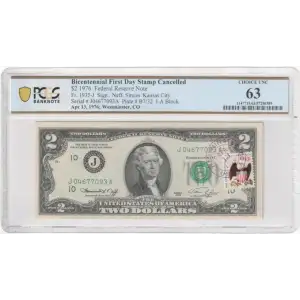 $2 1976 Green seal Small Size $2 Federal Reserve Notes 1935-J (2)