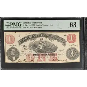 1862 Richmond Virginia Treasury Note $1 Obsolete Currency (2)