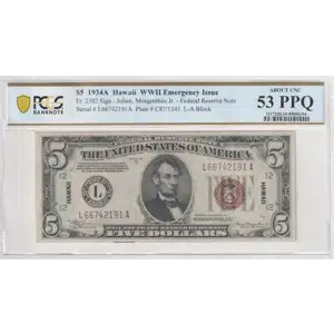 $5 1934-A brown seal Emergency Notes Issued During WW2 2302 (2)