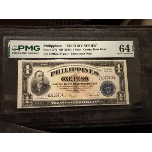 P-117c Philippines 1 Peso Victory Note w/Central Bank Thin Overprint PMG 64 EPQ (2)