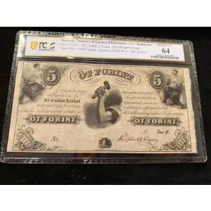 P-S143rl 1852 Hungary Finance Ministry 5 Forint Remainder Banknote - PCGS Unc 64