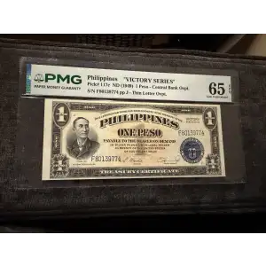 P-117c Philippines 1 Peso Victory Note w/Central Bank Thin Overprint PMG 65 EPQ (4)