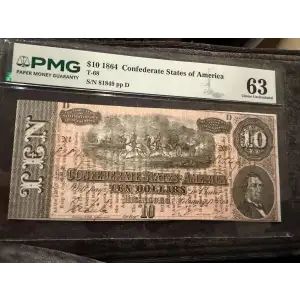 T-68 1864 Confederate $10 Note with CSA Poem Overprint - PMG Graded 63