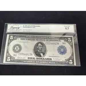 $5 1914 Blue Seal Federal Reserve Notes 854