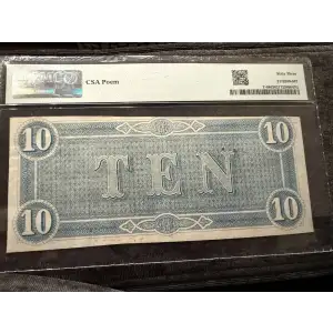 T-68 1864 Confederate $10 Note with CSA Poem Overprint - PMG Graded 63