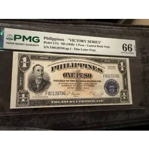 P-117c Philippines 1 Peso Victory Note w/Central Bank Thin Overprint PMG 66 EPQ